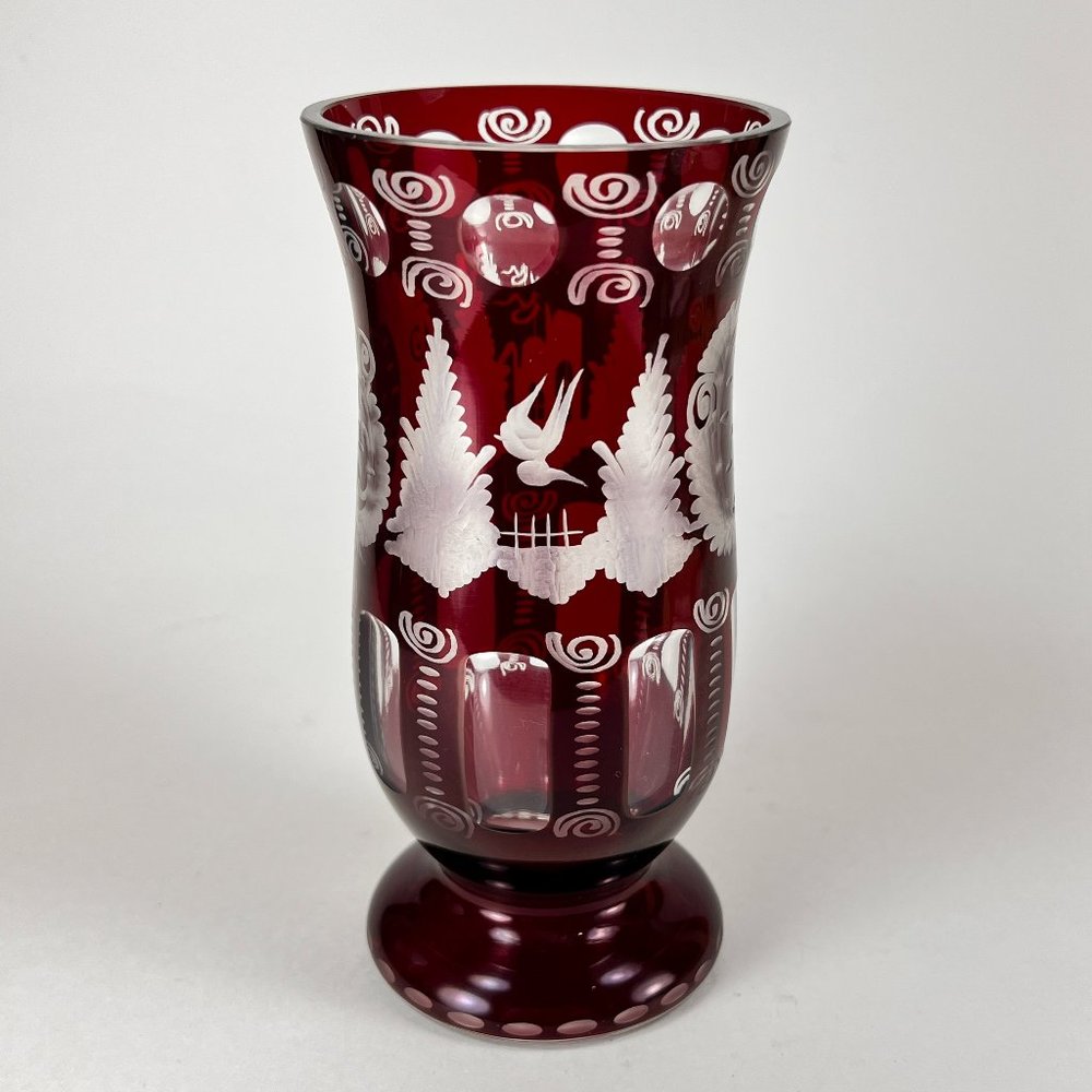 Vtg Egermann Vase Bohemian Ruby Red Cut To Clear Etched Glass Castle Bird Czech
